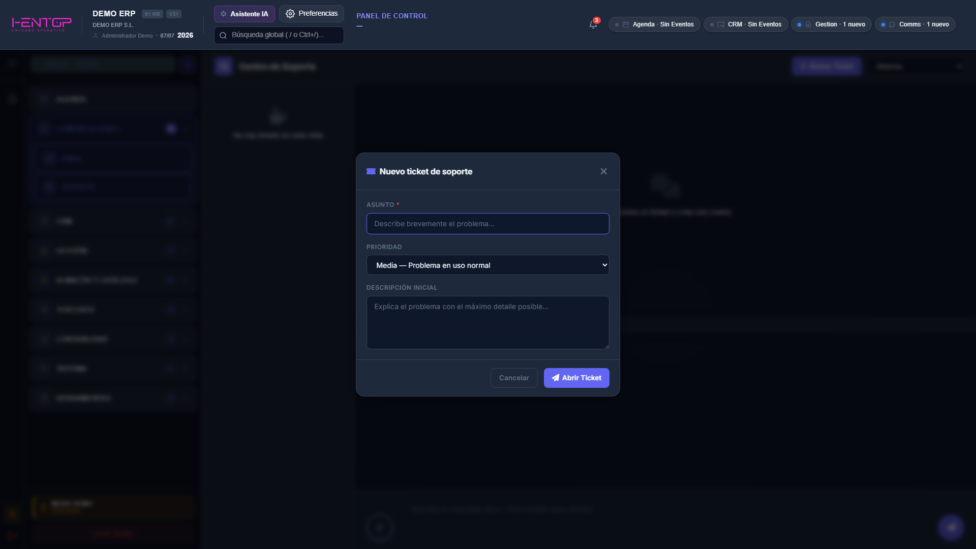Modal Nuevo ticket de soporte