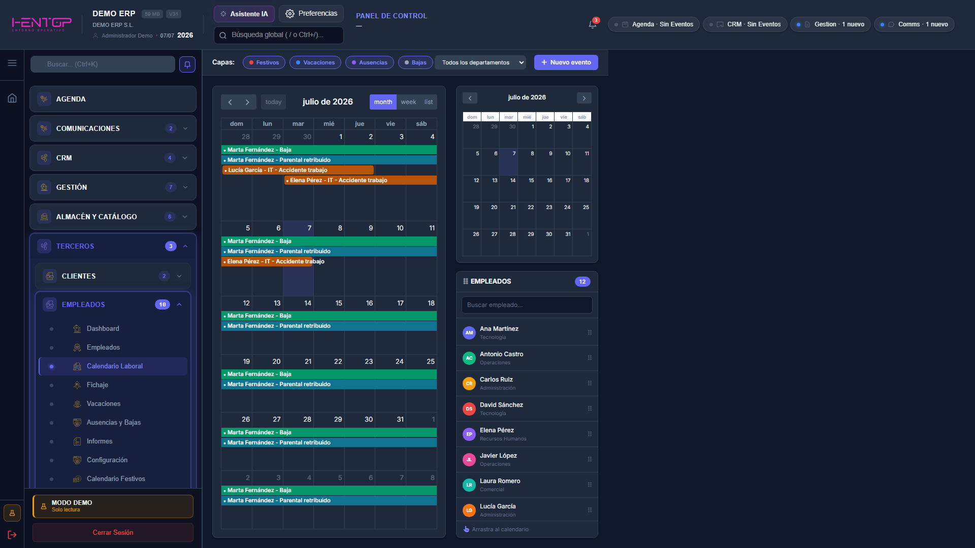 Calendario laboral mensual con eventos de la plantilla