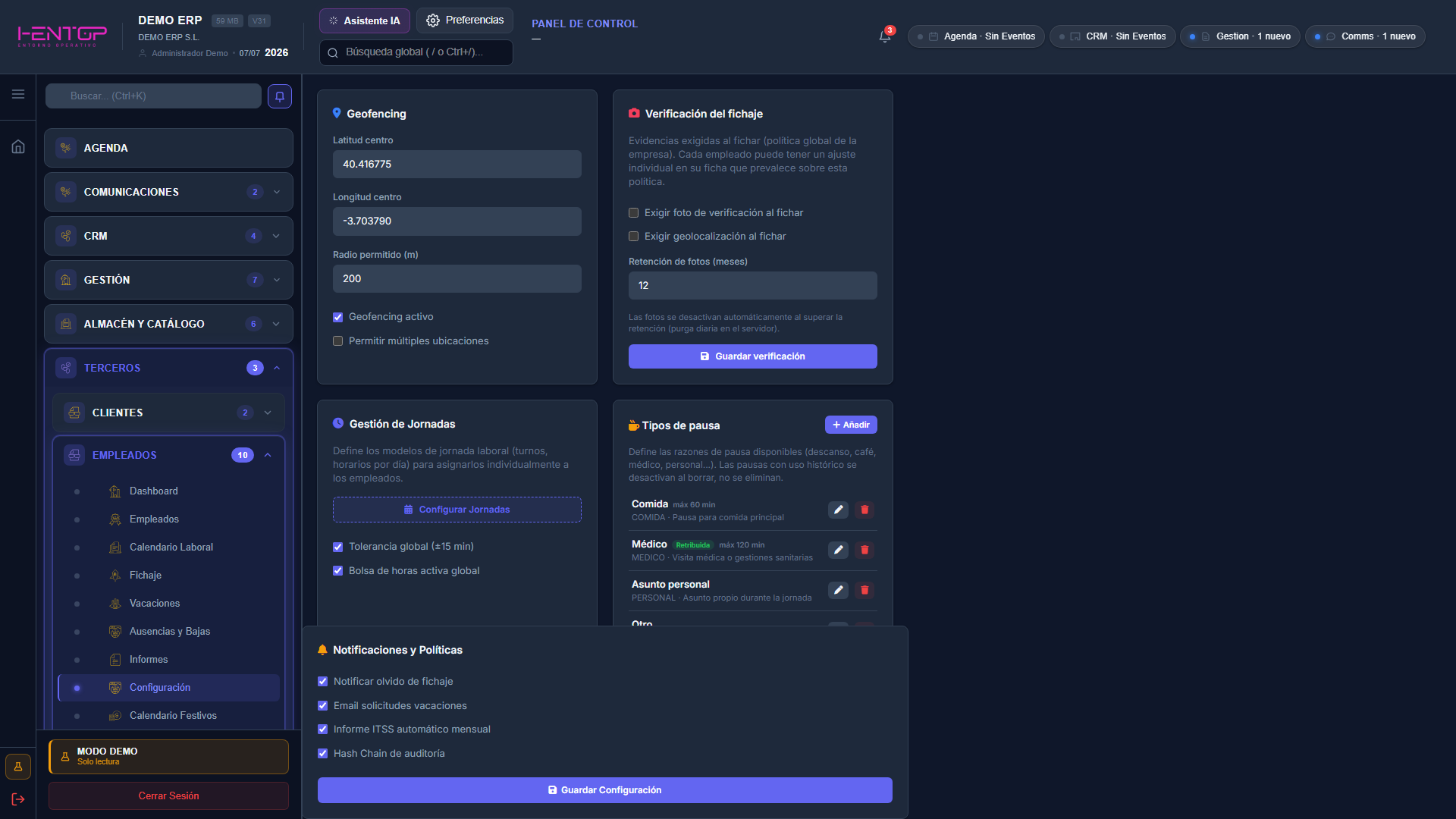 Configuración del área laboral