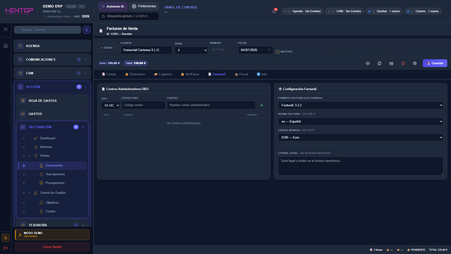 Pestaña FacturaE: centros DIR3 y configuración