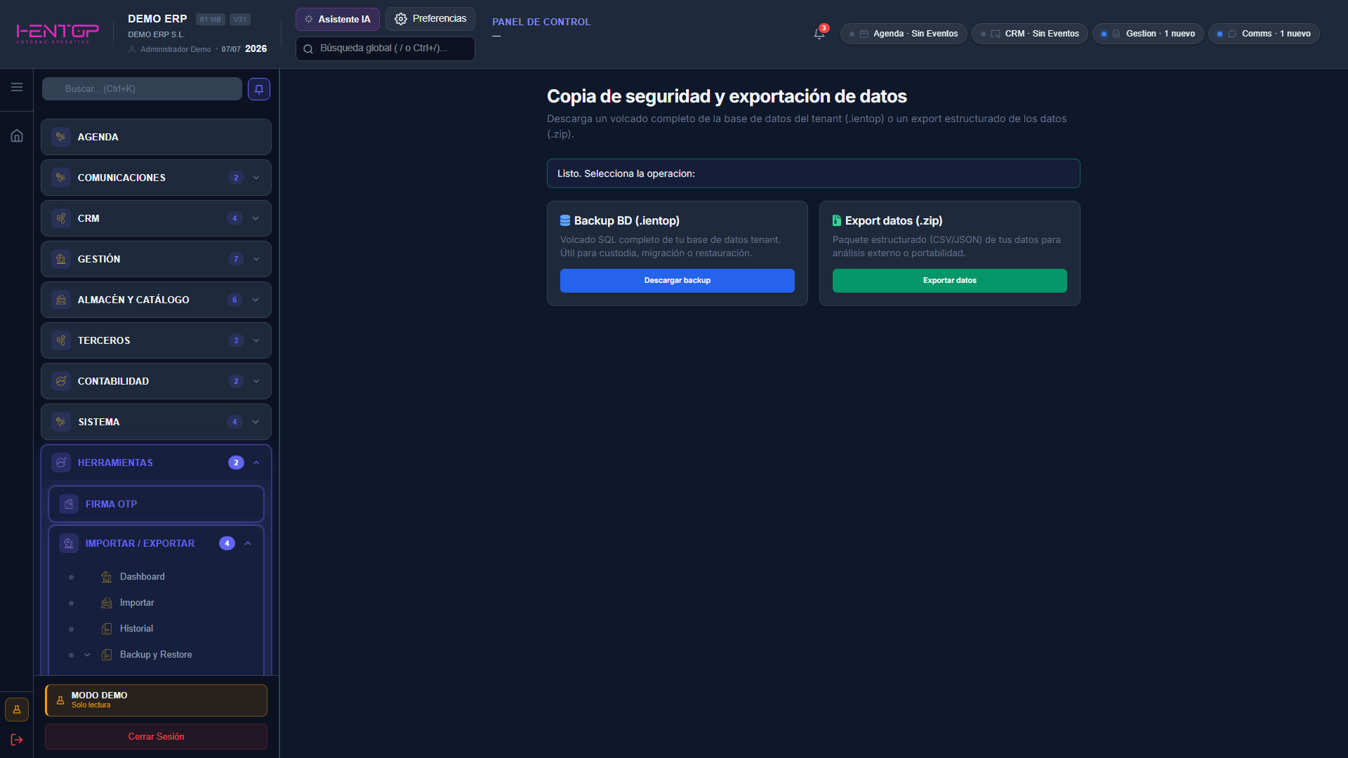 Copia de seguridad y exportación de datos