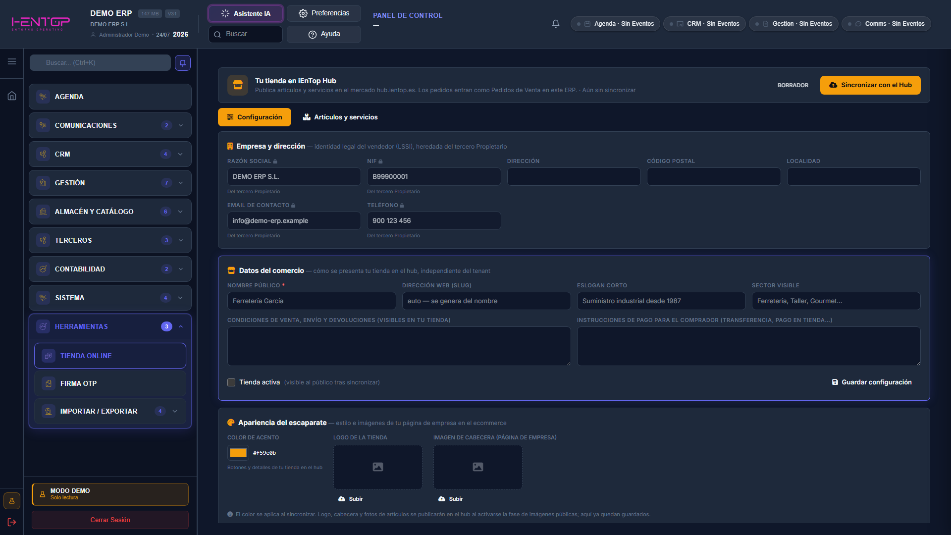 Tienda Online — pestaña Configuración
