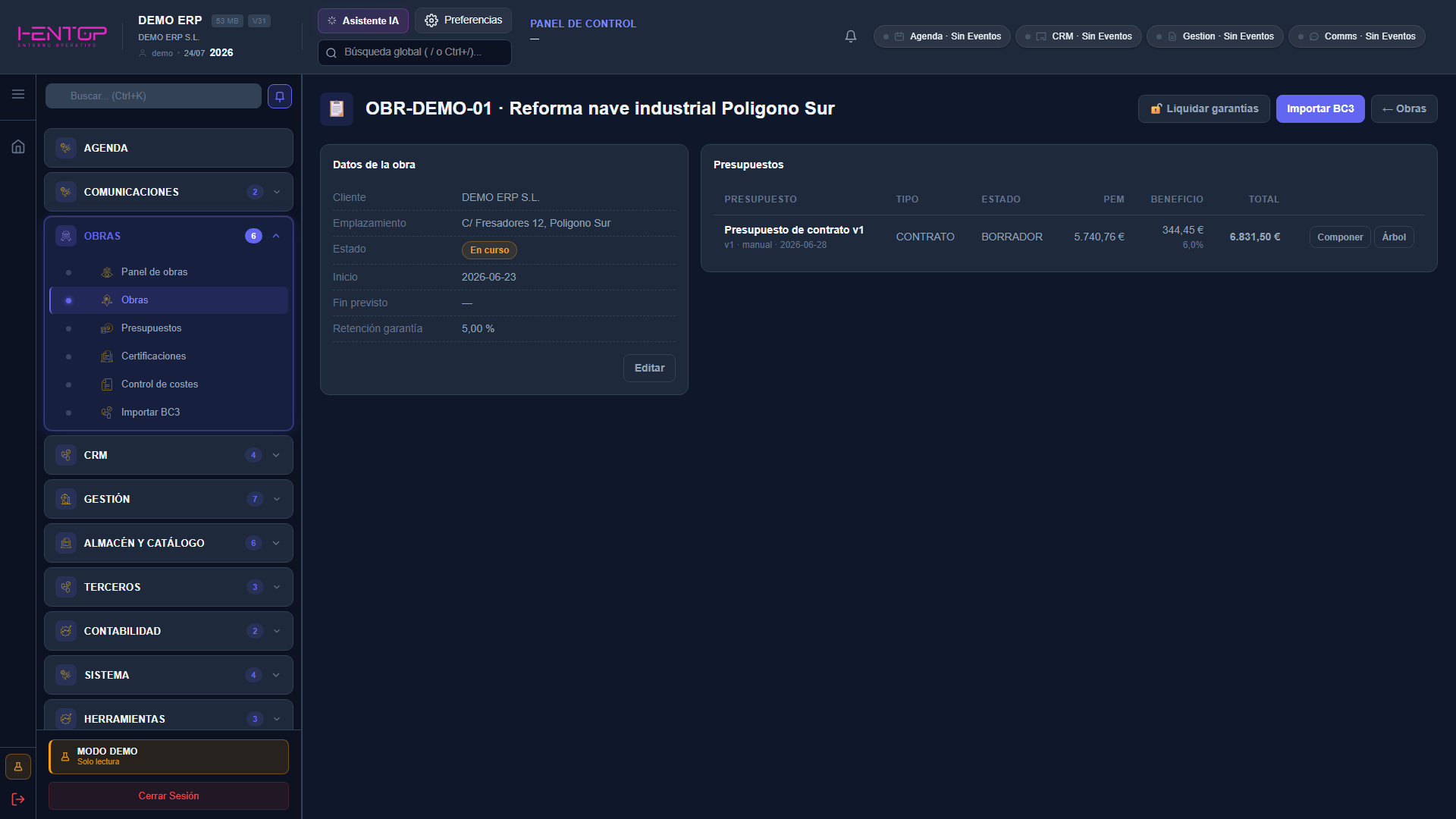 Ficha de la obra con el panel de datos y el panel de presupuestos