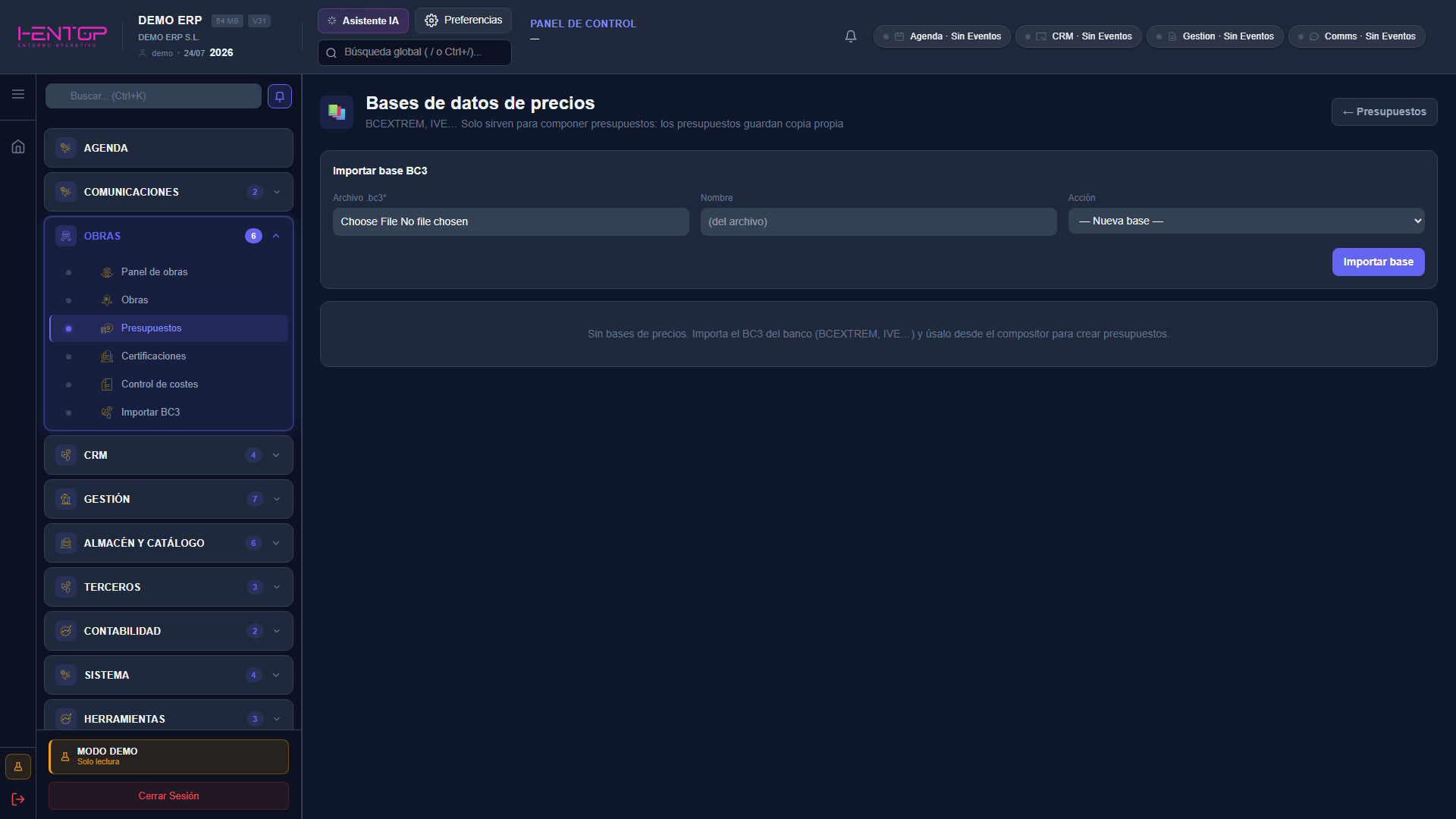 Pantalla de bases de datos de precios