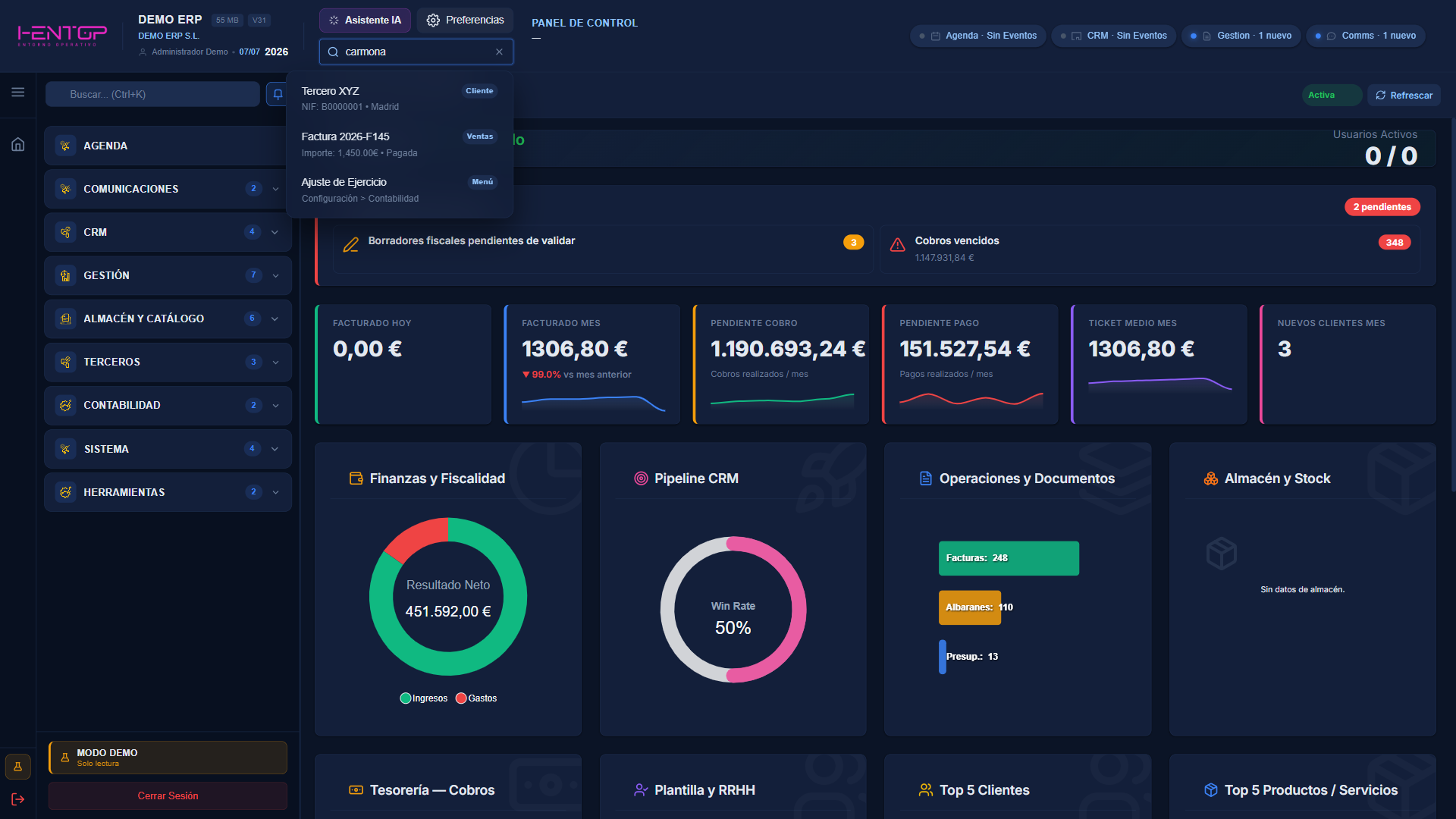Búsqueda global con resultados agrupados
