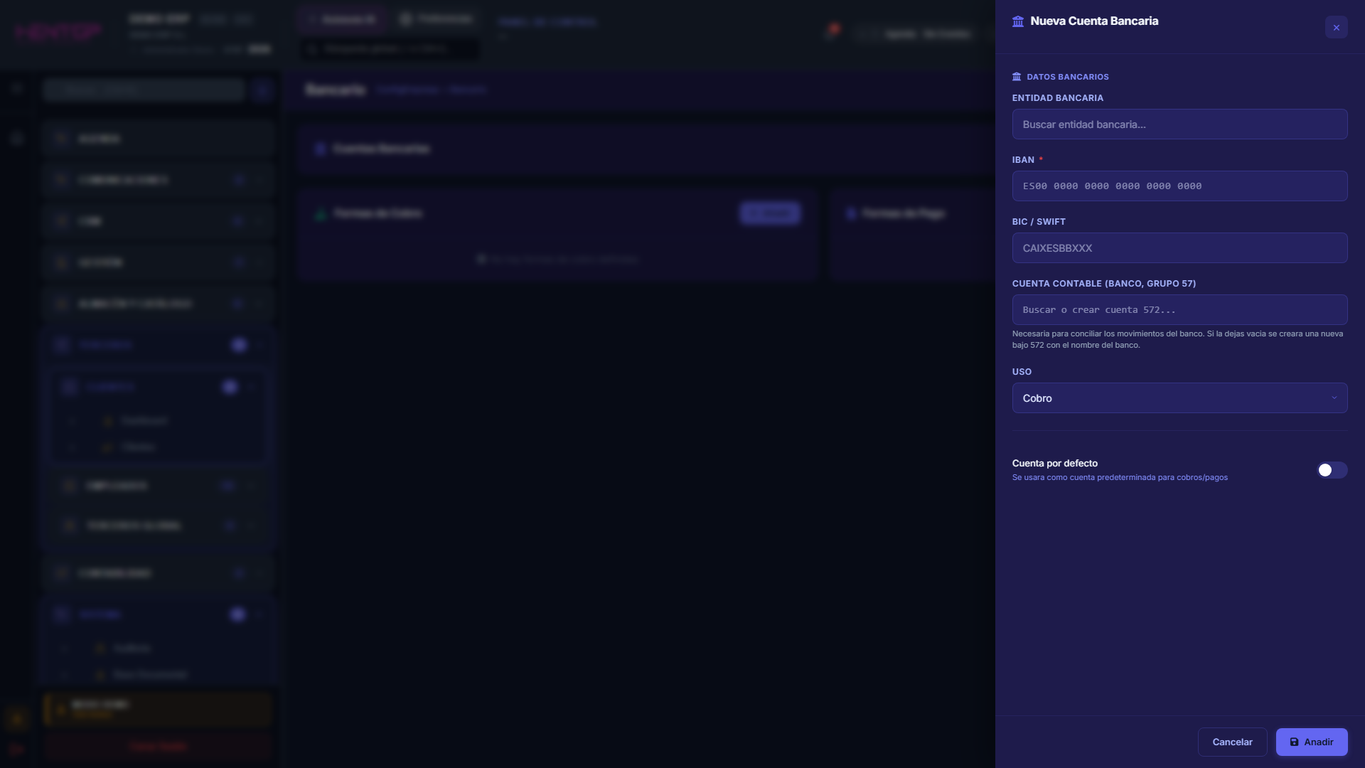 Panel de alta de una nueva cuenta bancaria