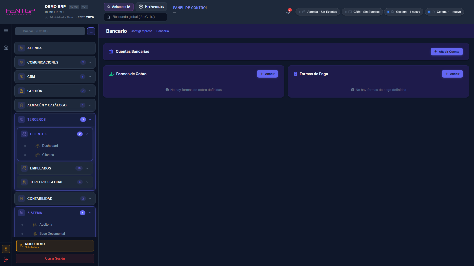 Configuración bancaria de la empresa