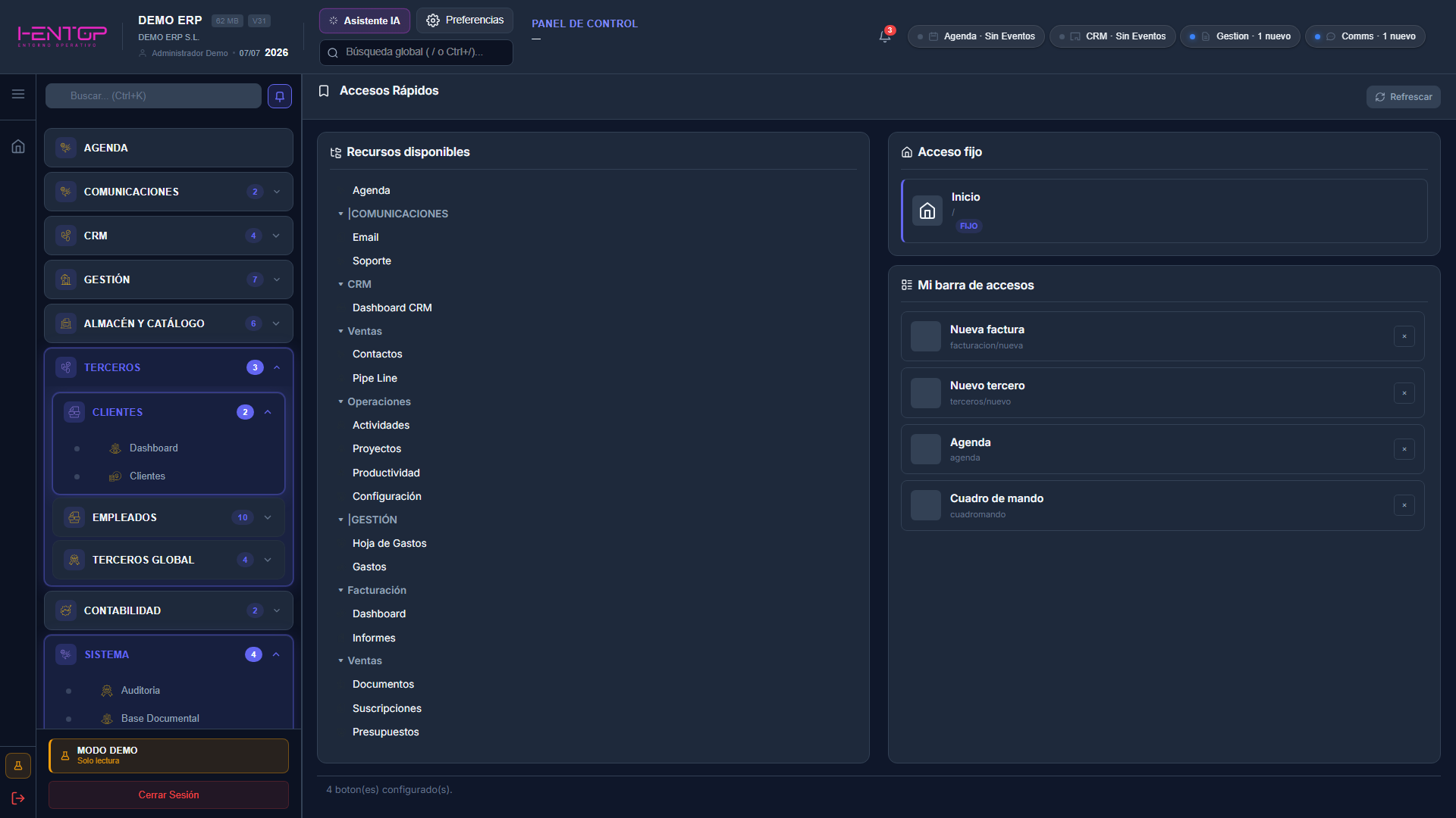 Configuración de la botonera de accesos rápidos