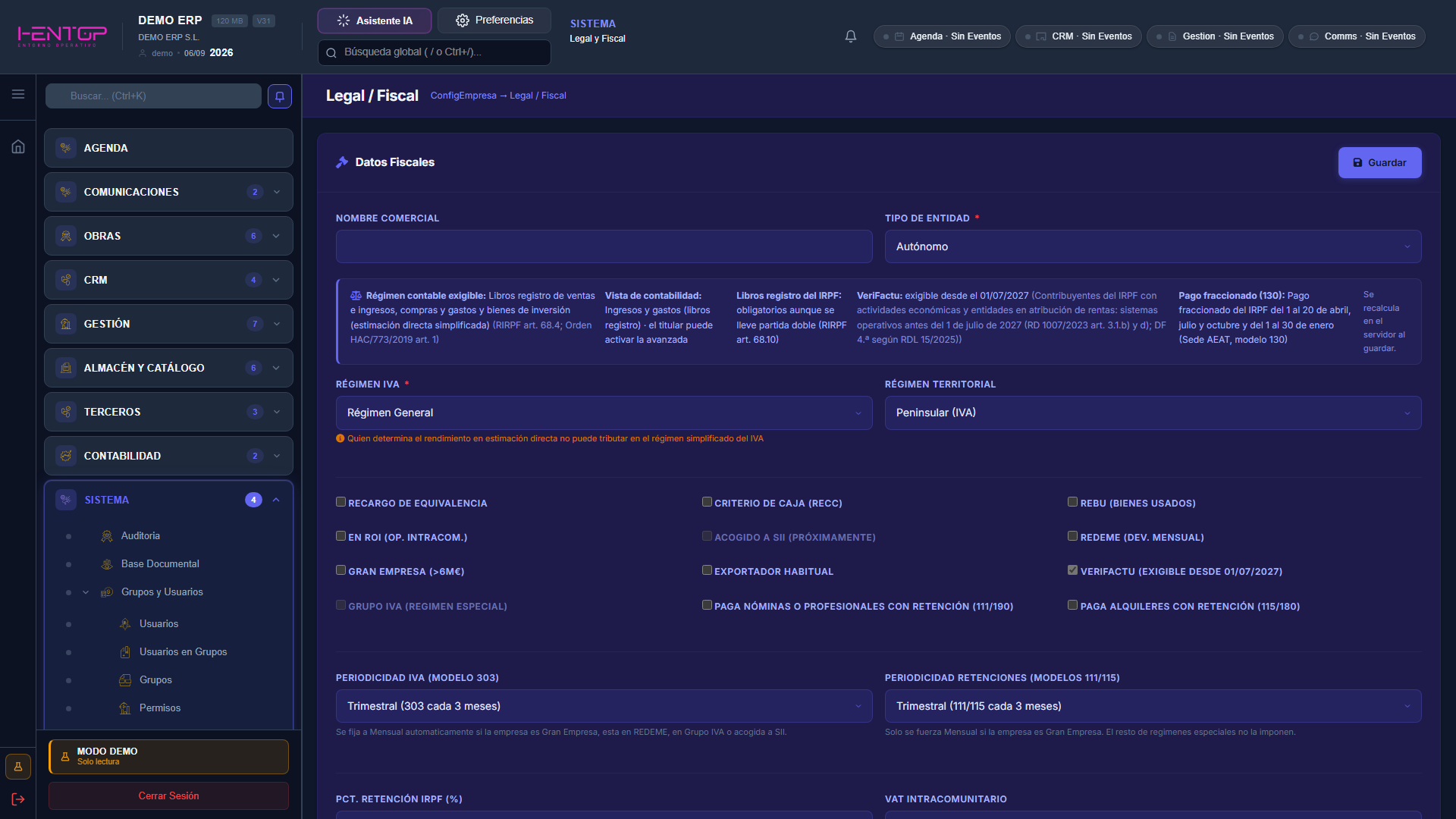 Perfil de un autónomo: régimen contable exigible, vista de contabilidad y calendario del 130