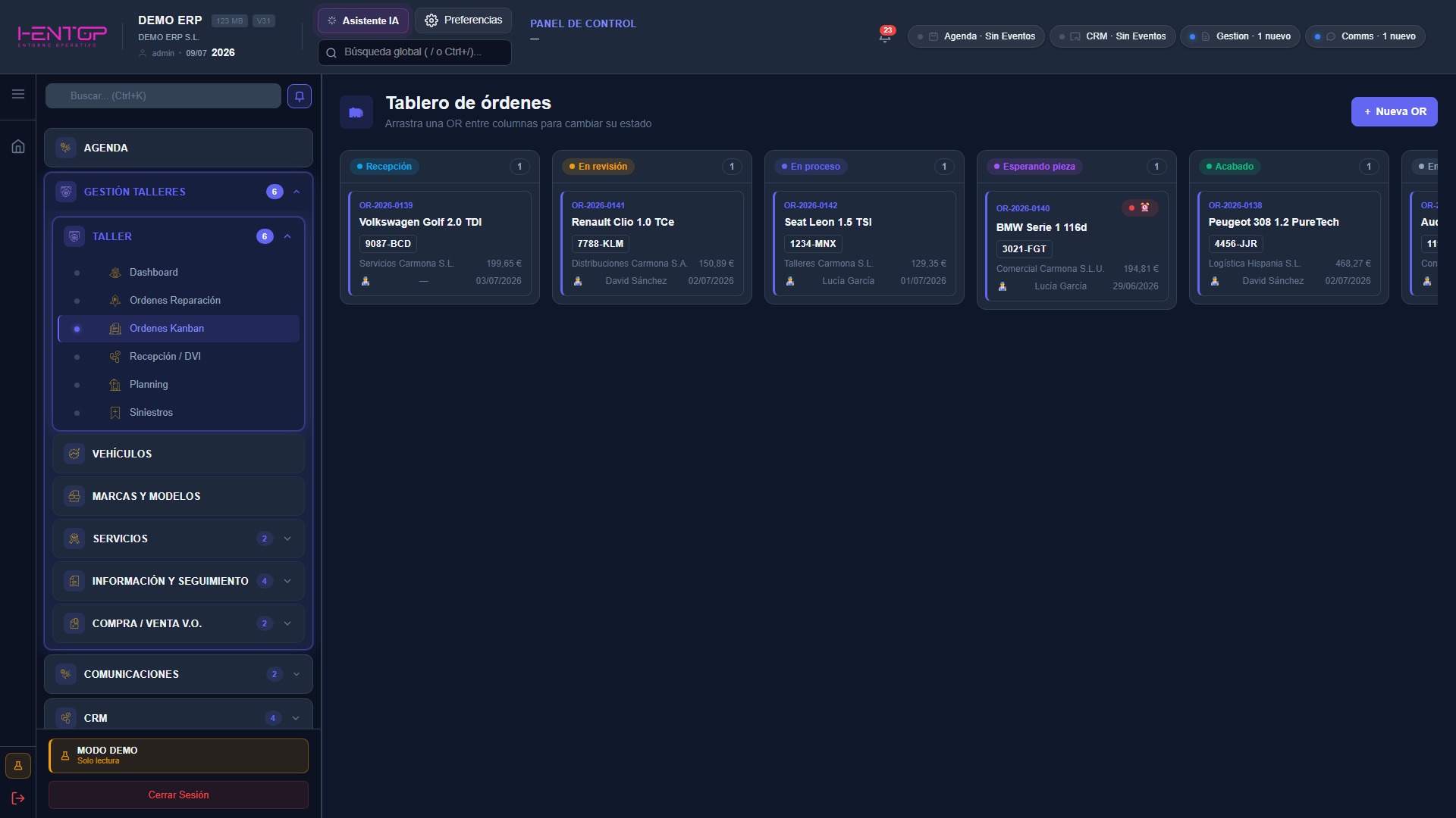 Tablero kanban de órdenes con columnas por estado