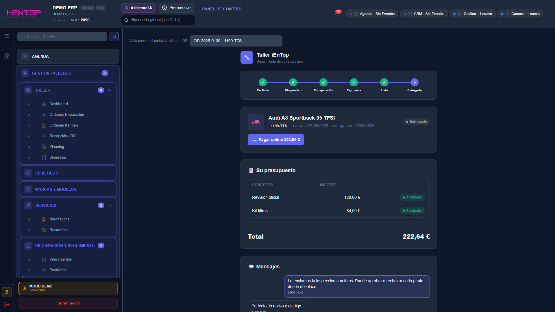 Vista previa del portal del cliente con el seguimiento de una OR