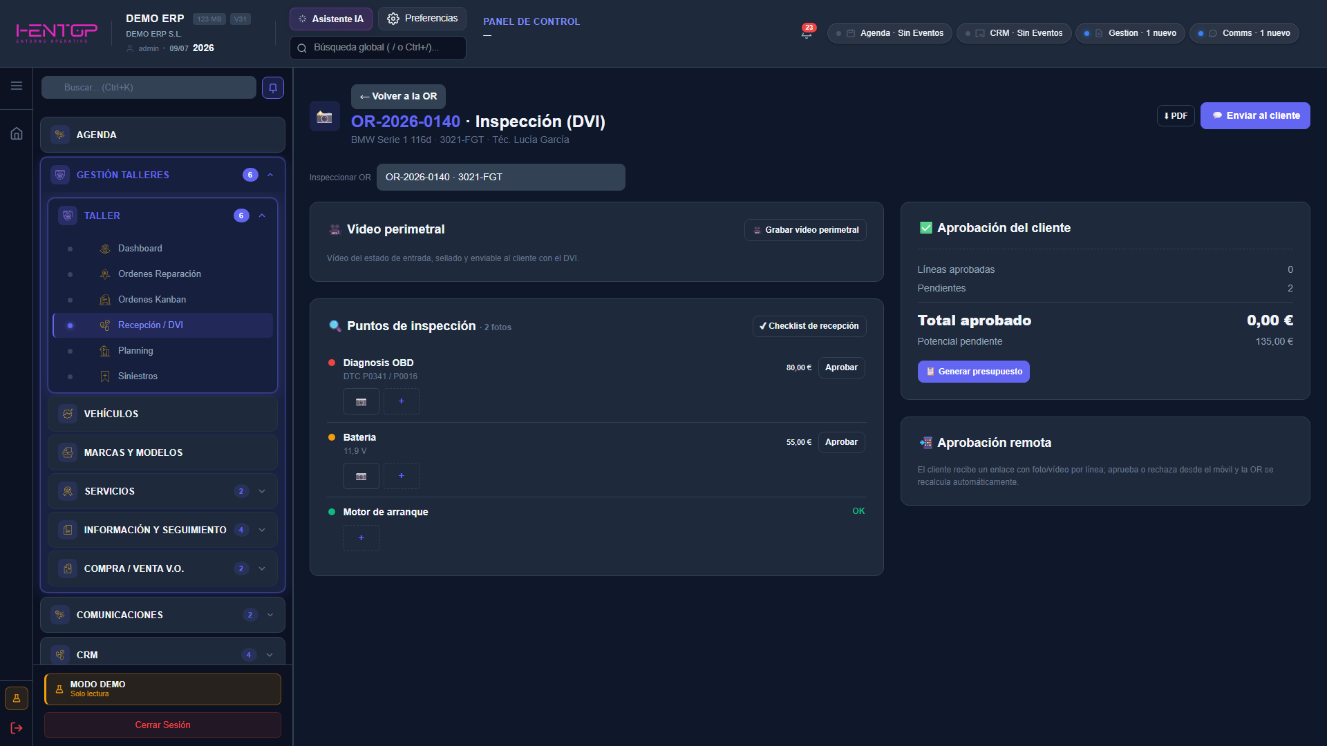 Inspección DVI de una orden con puntos de inspección y aprobación del cliente