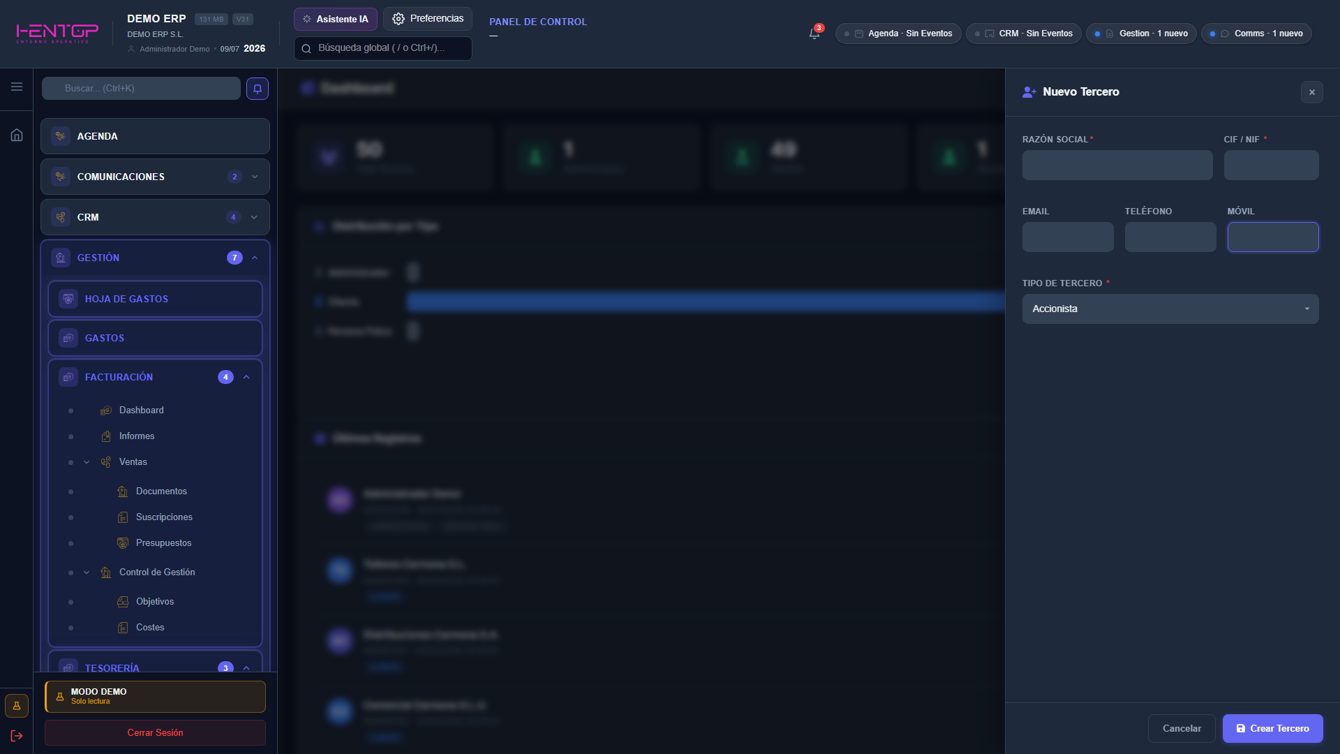Panel de nuevo tercero abierto sobre el dashboard