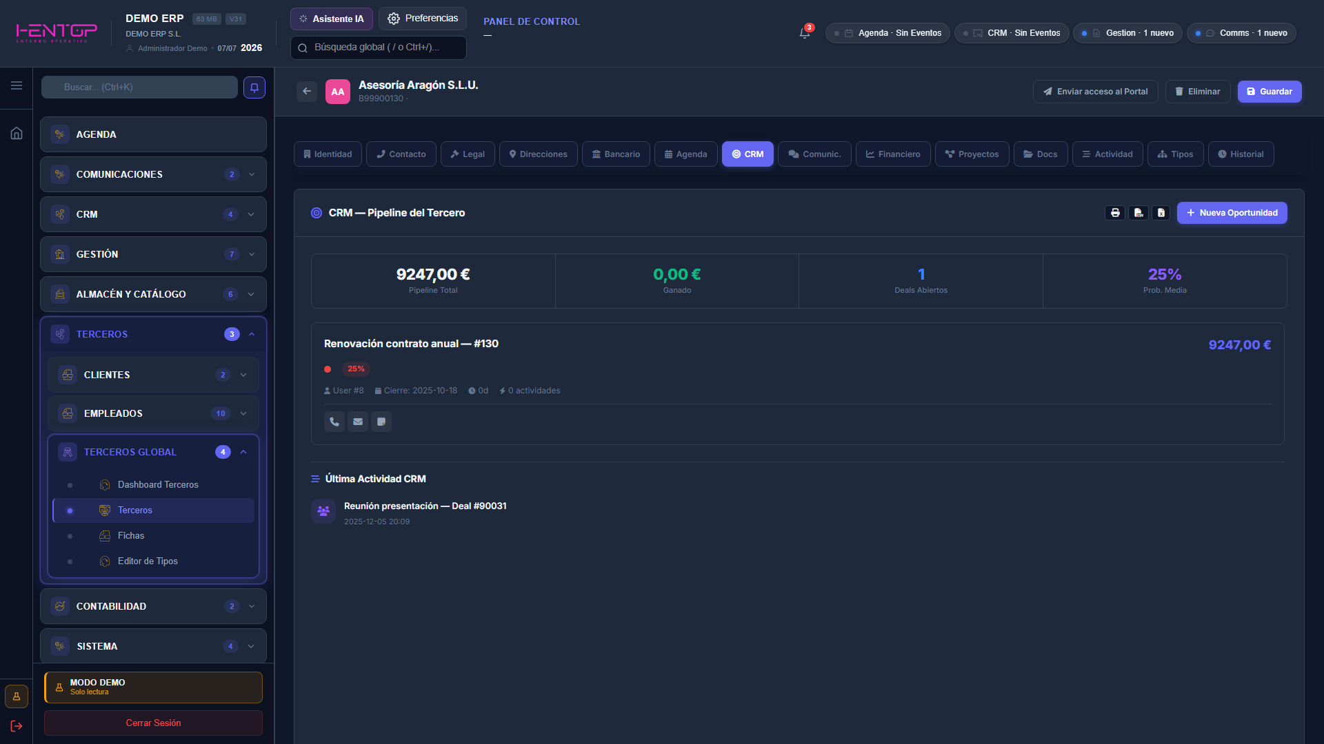 Pestaña CRM con el pipeline del tercero