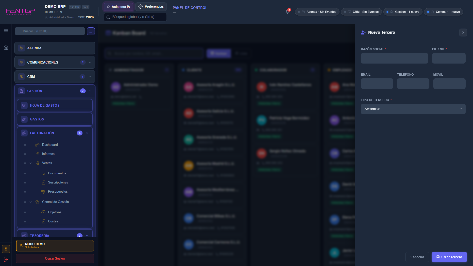 Tablero Kanban de fichas de terceros