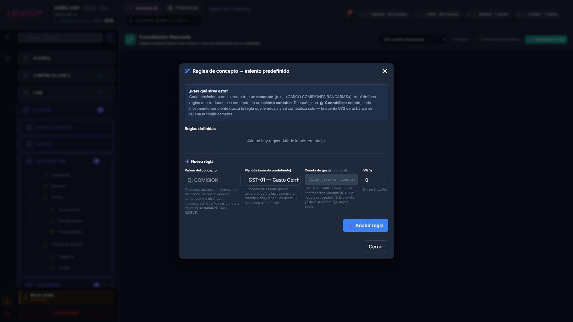 Panel de reglas de concepto a asiento predefinido